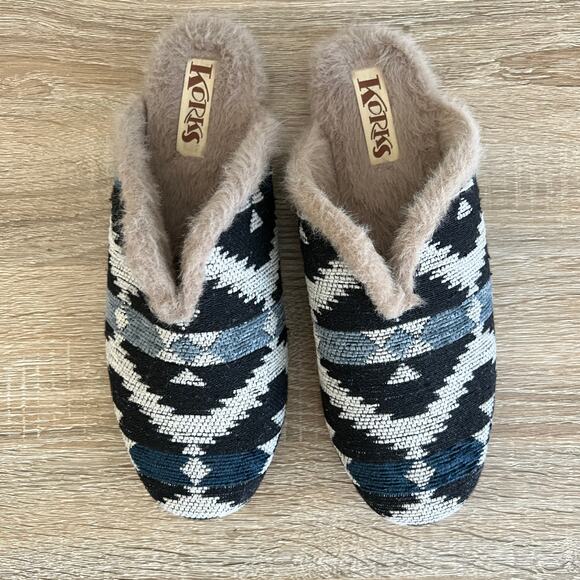 Korks Nile Slipper Mule Tapestry Faux Fur Blue 6M - Picture 2 of 5